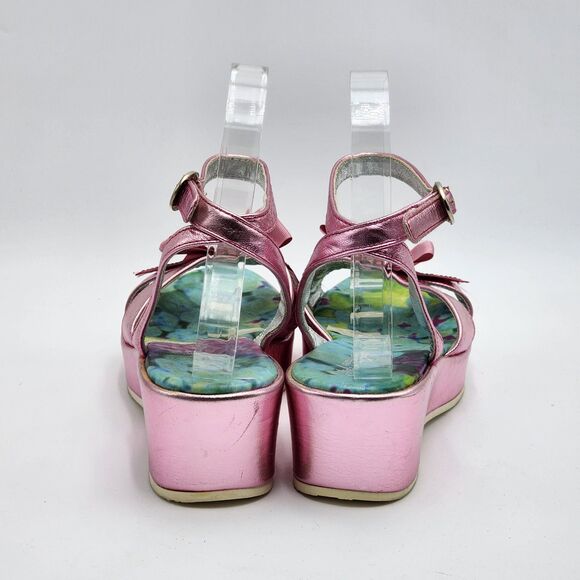 Roberto Cavalli Angels Metallic Pink Bow Wedge Sandals - Picture 6 of 12